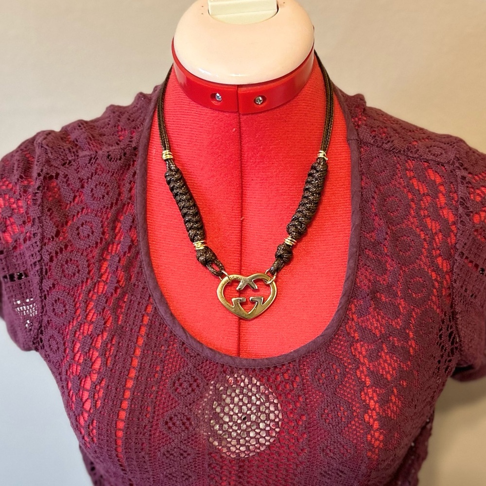 Authentic GUCCI GG chunky gold and silver heart charm on unbranded rope necklace